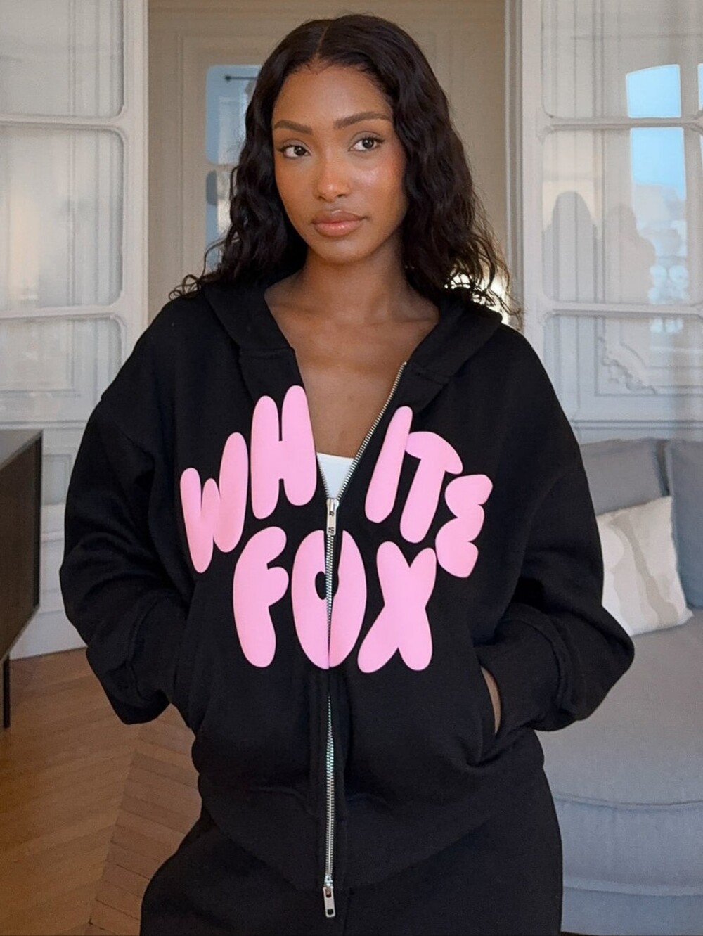 The White Fox - Club 14 Allie Boxy Zip Front Hoodie - Black/Pink S/M